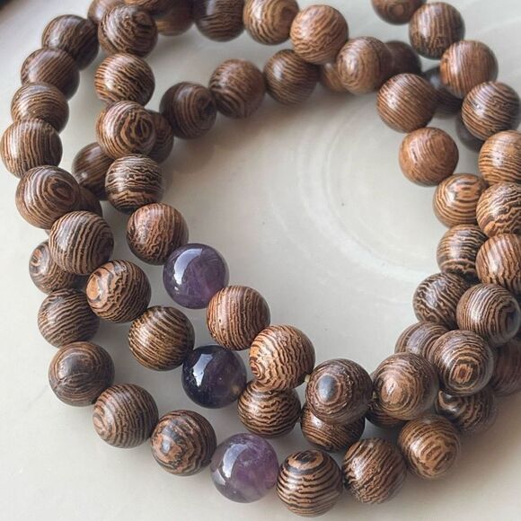 Sandalwood amethyst beaded bracelet ONE NEW stretch reiki meditation yoga - Picture 7 of 11